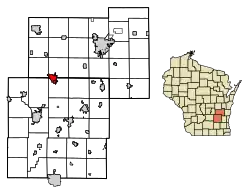 Location of Waupun in Dodge County and Fond du Lac County, Wisconsin.