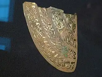 Cheek piece from a helm from the 7th to 8th century Staffordshire Hoard