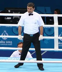 Fuad Aslanov as a referee on the final of 2015 European Games (Nicola Adams vs Sandra Drabik)