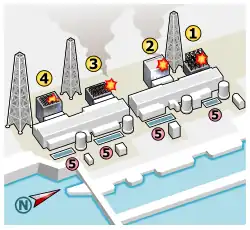 Illustration of post-accident state of 1–4 reactors, all but 2 display obvious damage to secondary containment
