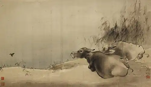 A painting of two oxen in a resting position