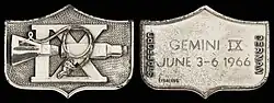 Gemini 9 mission emblem and crew names (front). Flight dates (back)