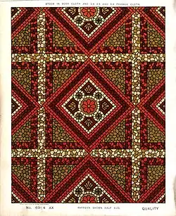 This floor cloth is designed in a tile pattern that is painted red, maroon, olive, gold, beige, and black. It looks like it is a mosaic.