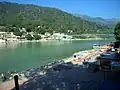 Ghats on the Ganges and Ram Jhula bridge at Muni ki Reti.