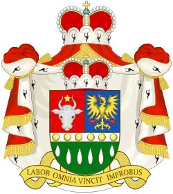 Shield, cape, two crowns and a motto