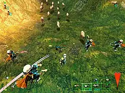 Large two-legged creatures with no arms or wings stride in from the top. Five armoured humanoids, armed with guns, jump in from the bottom. Four of them are carrying big-headed humanoids on their backs. Symbols and gauges are in the corners – a red heart at the bottom right. Next to the heart-shaped symbol are icons of weapons.