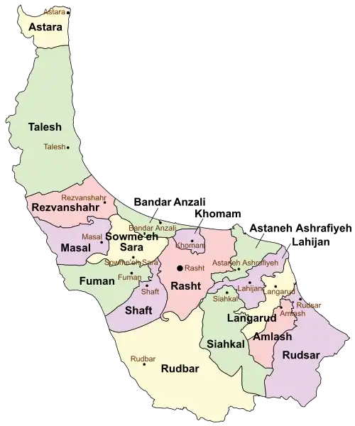 Location of Rasht County in Gilan province (center, pink)