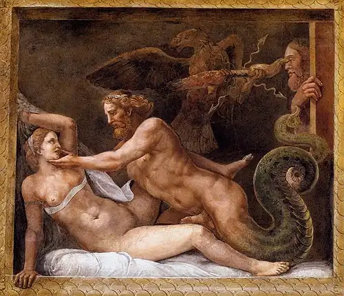 Jupiter seducing Olympia, Giulio Romano. Fresco. In the hall of cupid and Psyche in the Te palace in Mantua. Between 1526 and 1528