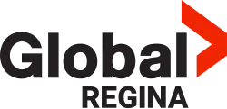At right, a red arrow with the top part larger than the bottom and no stem. To the left, the word Global in black, with the word Regina in black below it in smaller text and in all caps.