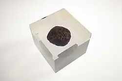 One of the manganese nodules that Glomar recovered from the Pacific, now encased in lucite.