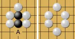 Image 4The Black stone group has only one liberty (at point A), so it is very vulnerable to capture. If Black plays at A, the chain would then have 3 liberties, and so is much safer. However, if White plays at A first, the Black chain loses its last liberty, and thus it is captured and immediately removed from the board, leaving White's stones as shown to the right. (from Go (game))