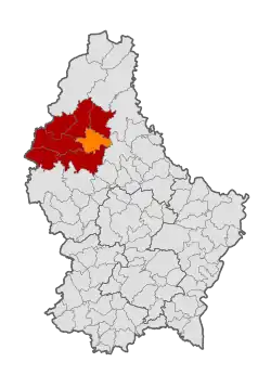 Map of Luxembourg with Goesdorf highlighted in orange, and the canton in dark red