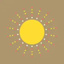 A yellow circle with white, red and yellow dots around it in the style of a sun and its rays