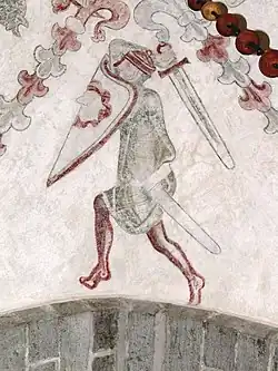 Painting of a fighter with sword, helmet and kite shield, fresco in Gothem Church, c. 1300.