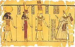 Ramesses III talking with the Theban Triad: Amun, Mut and Khonsu. The ‘Great Harris Papyrus’ at the British Museum, c. 1150 BC. Image taken from the book The Search for Ancient Egypt (p. 91) by Jean Vercoutter. In the text, Rameses III addressing to god Amun, I say the meritories adorations, the respectful homage and meritorous acts which I have performed to thee in presence, O king the gods!