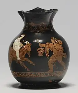 Oinochoe Chous, last decade of the 5th century BC, 9.1 cm × 7 cm (3.6 in × 2.8 in). Probably used in a child's grave.