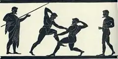 Image 18Ancient Greek pankratiasts fighting. This drawing is an early 20th century copy of a scene from a Panathenaic amphora. (from Mixed martial arts)