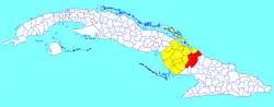 Guáimaro municipality (red) within Camagüey Province (yellow) and Cuba
