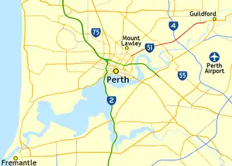 Road map showing Guildford Road between central Perth and Guildford to the north-east