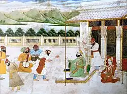 Guru Tegh Bahadar and a young Gobind Rai at the Anandpur Darbar