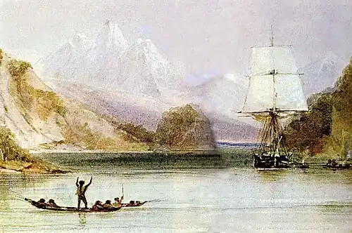 Beagle being hailed by native Fuegians during the survey of Tierra del Fuego, painted by Conrad Martens who became ship's artist in 1833