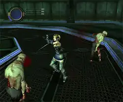 A screenshot of 3D gameplay, showing a woman fighting zombies with a sword