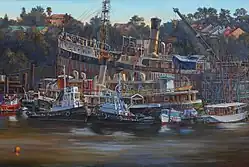 'Hail Hail the Gang’s All Here - Sydney Heritage Fleet at Rozelle', 2013, oil on canvas, 122 x 183 cm, © Jane Bennett
