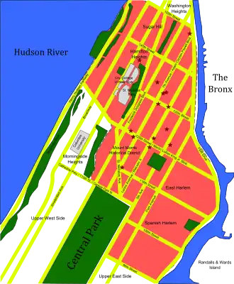 A map of Upper Manhattan with pink sections for Harlem