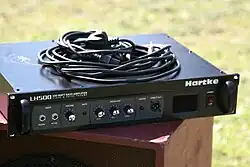 A Hartke bass amplifier unit. This is only the amplifier electronics. It has to be plugged into a bass speaker cabinet to produce sound.