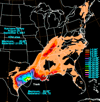 A map of Harvey's rainfall over the entire states
