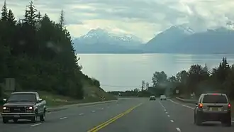 The Sterling Highway, westbound near Homer, is part of A-3.