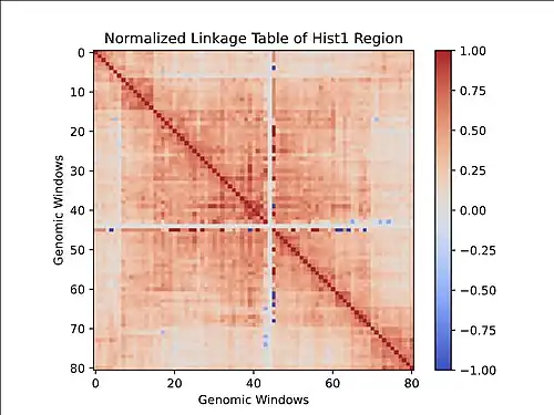 A heat map of the normalized linkage table of the hist1 region of mouse chromosome 13.