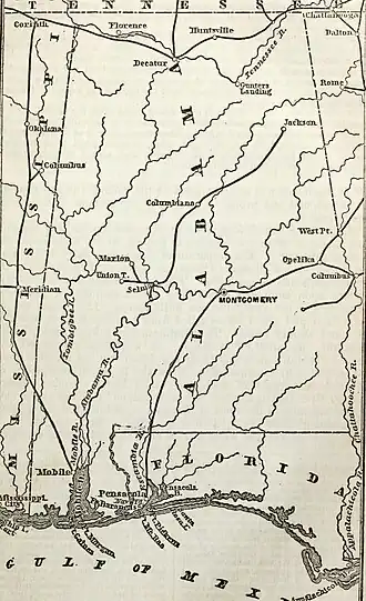 Map of Alabama's cities, rivers, and railroads during the Civil War.