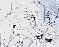 A black and white drawing of a man angrily grasping on to a boy's neck, with two girls making zany faces in the foreground and a woman making a disapproving face.