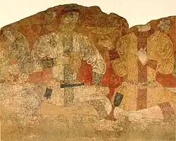 Men banquet, pigment on plaster. Pendjikent, Tajikistan