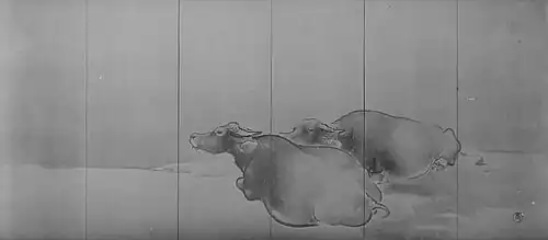 A black-and-white rendering of painting of two oxen in a resting position