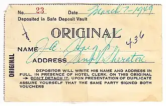 A vintage safe deposit slip from the Hotel Pennsylvania in Philadelphia.