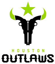 The logo for the Houston Outlaws features two revolvers forming the shape of a longhorn skull in the colors of the team.