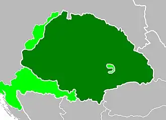 A map of the revolutionary Hungarian State before the Austro-Russian counteroffensive; controlled territory in dark green and claimed but un-administered territory in light green
