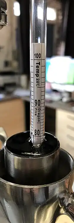 Alcohol meter to measure ethanol concentration of a water/ethanol mixture, shown in the "parrot head" of a still