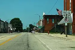 East Fort Street (Illinois Route 116 and Illinois Route 78) westbound near East Street, a block and a half east of route split at Main Street in Farmington, Illinois.