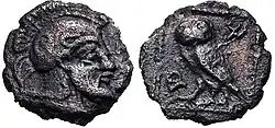 Coin of Archeptolis. Helmeted male and Athenian owl. Circa 459 BC