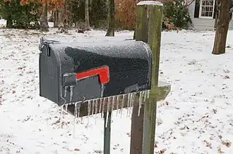 Joroleman curbside mailbox with red semaphore flag. When raised, the flag indicates outgoing mail.