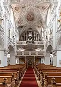 Parish church Kirchhaslach, nave and view of the organ pipe