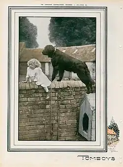 A young blond-haired child sits on a brick wall with her black dog, both looking at someone or something in the distance, 1925, published in The Queenslander, 5 December 1925, p. 26.