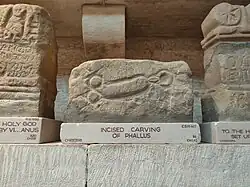 A typical example of an incised Roman phallus from Hadrian's Wall, displayed at Chesters