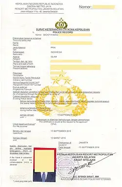 An Indonesian Certificate of Police Record issued in 2018 for the purpose of application to civil service position. This certificate states that the individual in question does not have any criminal record.