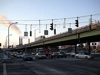 Photograph of Interstate 81, carried on an aging viaduct through the middle of Syracuse, New York