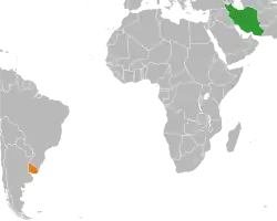 Map indicating locations of Iran and Uruguay