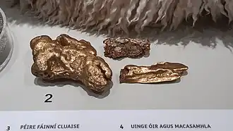 Close-up of Wicklow gold nuggets on display at the National Museum of Ireland – Archaeology, Dublin (Note: the largest nugget is a replica of the 22oz specimen gifted to George III in 1796[61])